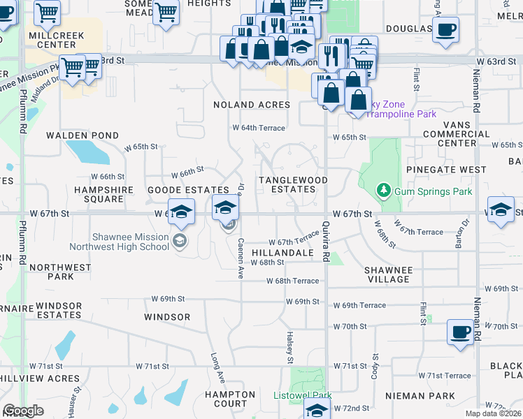 map of restaurants, bars, coffee shops, grocery stores, and more near 6664 Charles Street in Shawnee