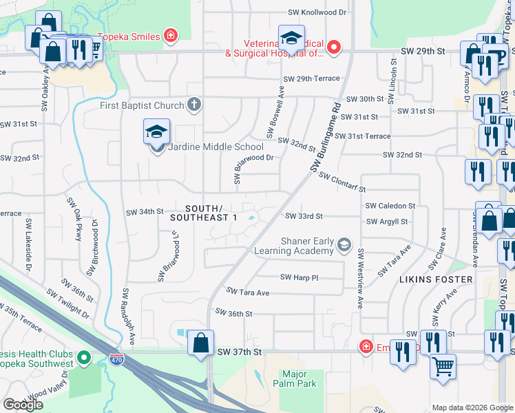 map of restaurants, bars, coffee shops, grocery stores, and more near 75 SW Pepper Tree Ln in Topeka