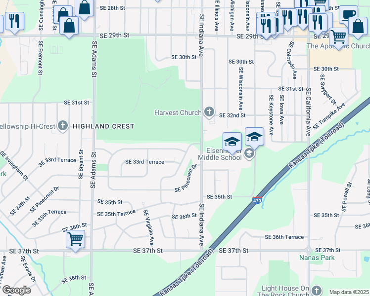 map of restaurants, bars, coffee shops, grocery stores, and more near 1200 Southeast 33rd Street in Topeka