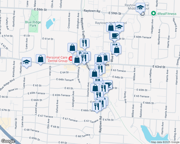 map of restaurants, bars, coffee shops, grocery stores, and more near 6309 Overton Avenue in Raytown