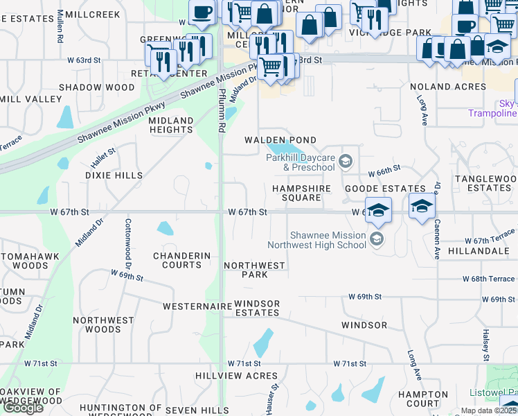map of restaurants, bars, coffee shops, grocery stores, and more near 6622 Hauser Street in Shawnee