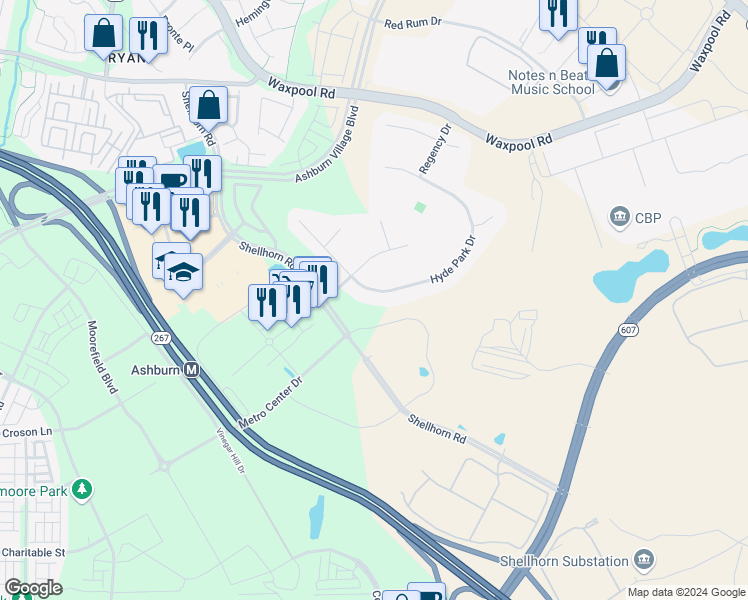 map of restaurants, bars, coffee shops, grocery stores, and more near 21986 Hyde Park Drive in Ashburn