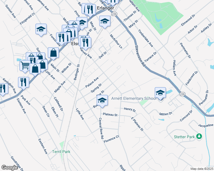 map of restaurants, bars, coffee shops, grocery stores, and more near 411 Fox Street in Elsmere