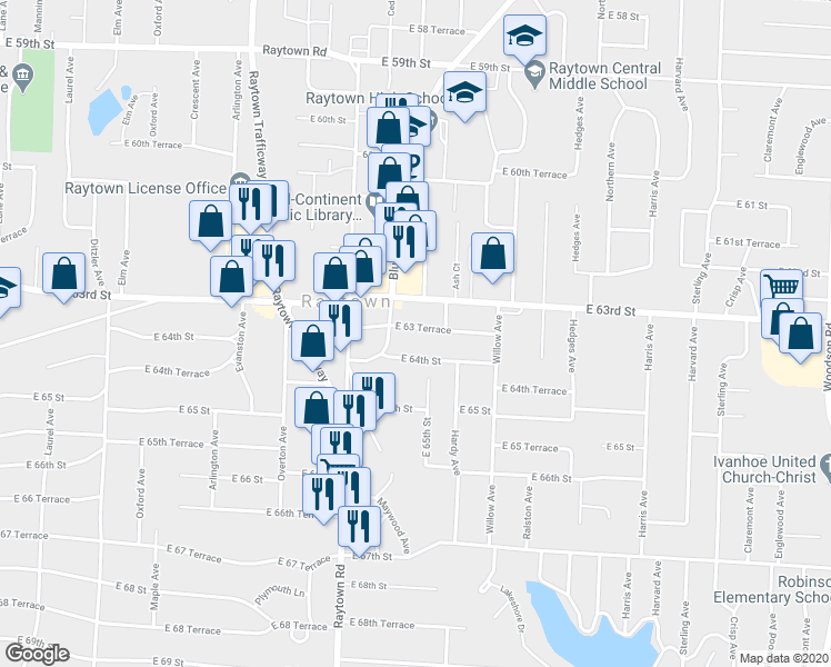 map of restaurants, bars, coffee shops, grocery stores, and more near 10201 East 63 Terrace in Raytown