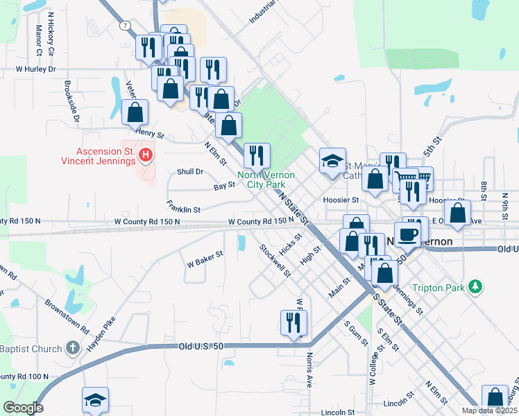 map of restaurants, bars, coffee shops, grocery stores, and more near 515 North Elm Street in North Vernon