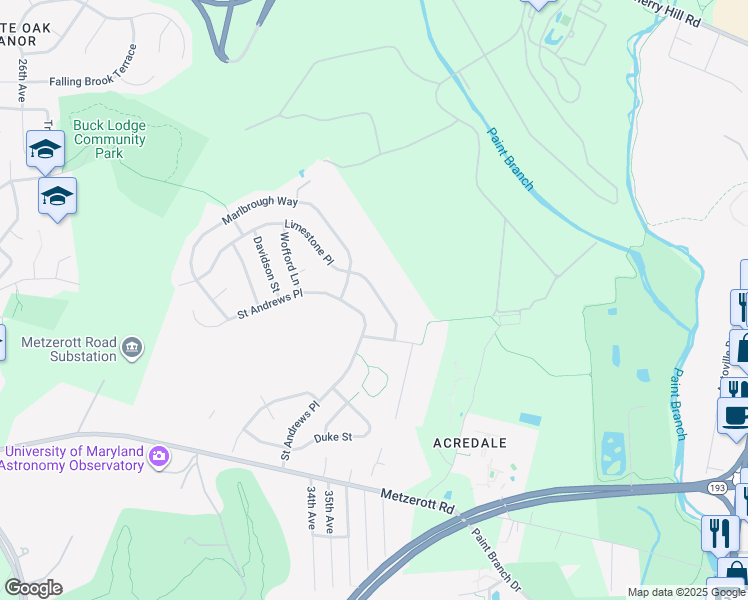 map of restaurants, bars, coffee shops, grocery stores, and more near 9214 Limestone Place in College Park