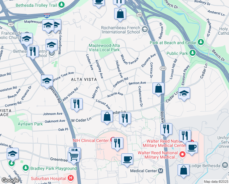 map of restaurants, bars, coffee shops, grocery stores, and more near 5218 Danbury Road in Bethesda