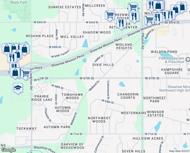 map of restaurants, bars, coffee shops, grocery stores, and more near 6643 Hallet Street in Shawnee