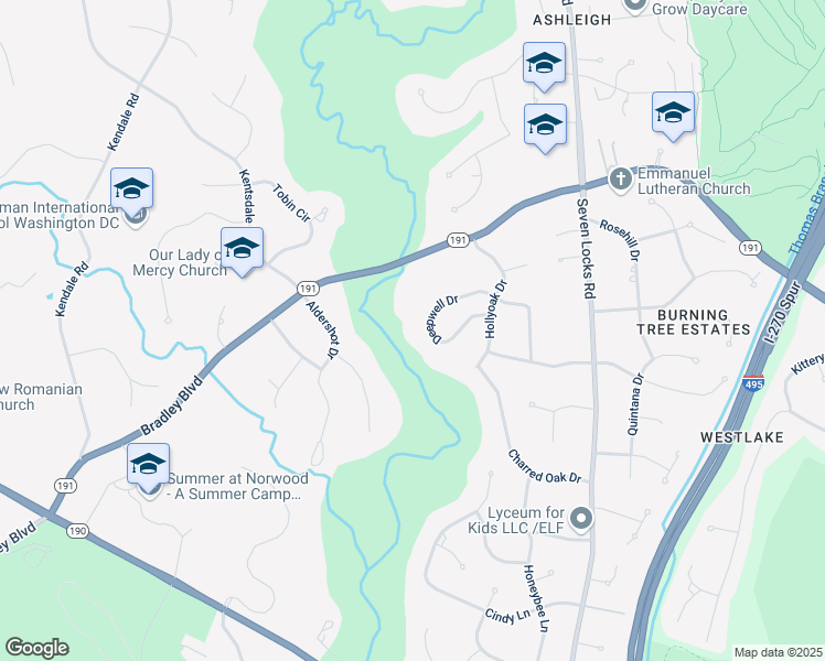 map of restaurants, bars, coffee shops, grocery stores, and more near 7927 Deepwell Drive in Bethesda