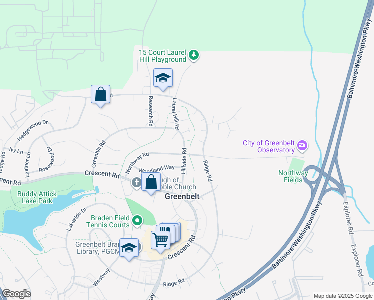 map of restaurants, bars, coffee shops, grocery stores, and more near 10 Hillside Road in Greenbelt