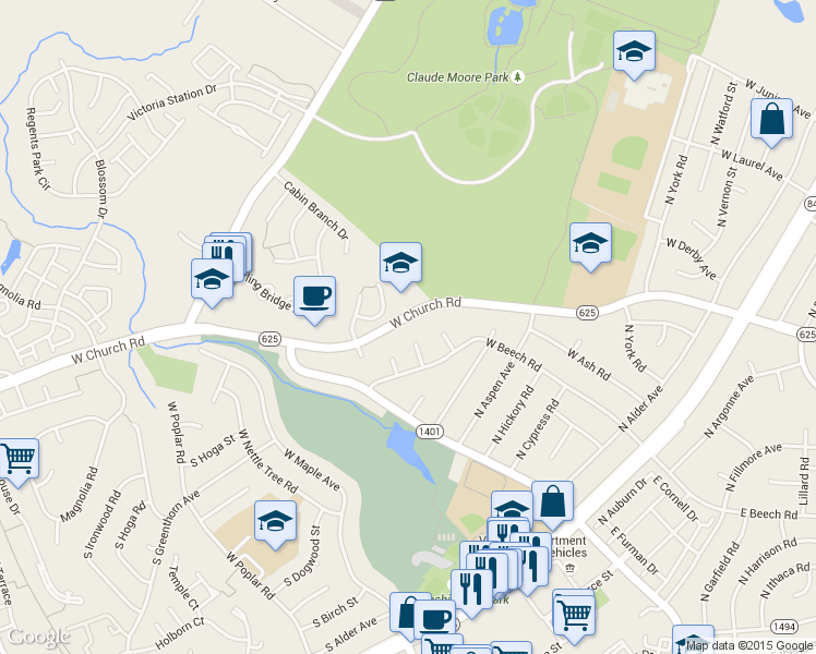 map of restaurants, bars, coffee shops, grocery stores, and more near 627 West Church Road in Sterling