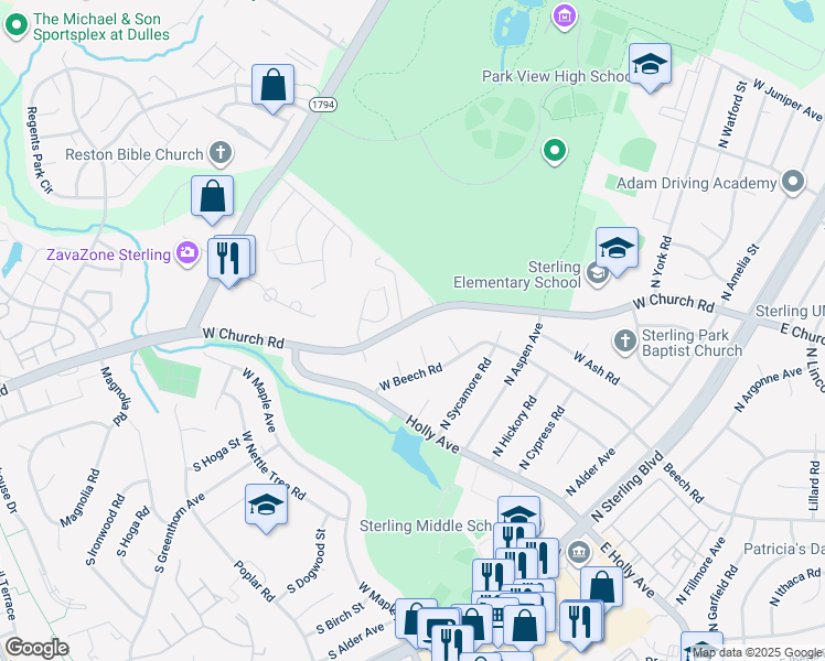 map of restaurants, bars, coffee shops, grocery stores, and more near 627 West Church Road in Sterling