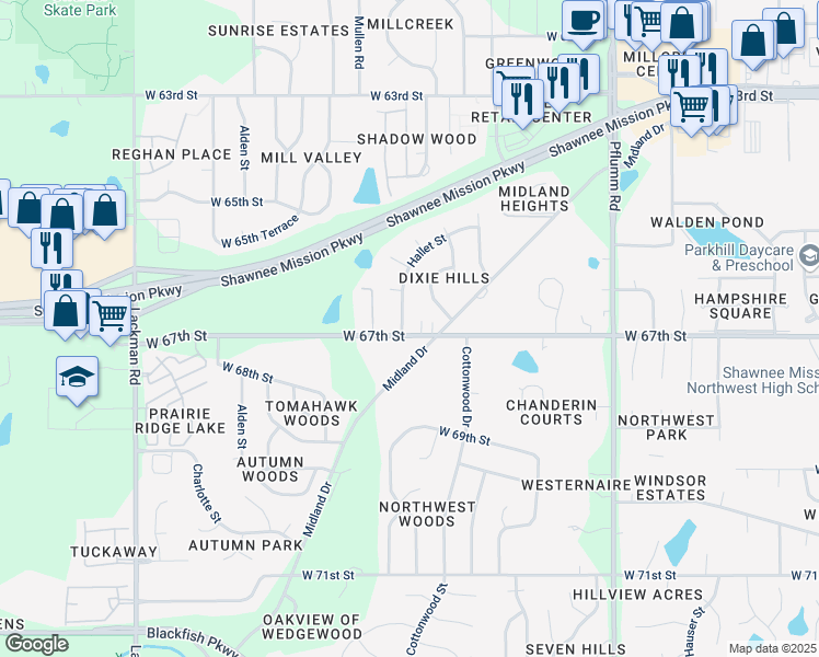 map of restaurants, bars, coffee shops, grocery stores, and more near 6643 Hallet Street in Shawnee