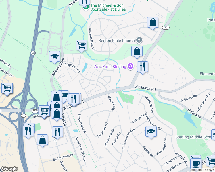 map of restaurants, bars, coffee shops, grocery stores, and more near 45631 Iron Horse Terrace in Sterling