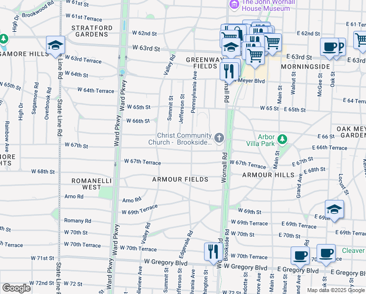 map of restaurants, bars, coffee shops, grocery stores, and more near 622 West 67th Street in Kansas City