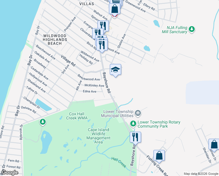 map of restaurants, bars, coffee shops, grocery stores, and more near 2702 Bayshore Road in Lower Township
