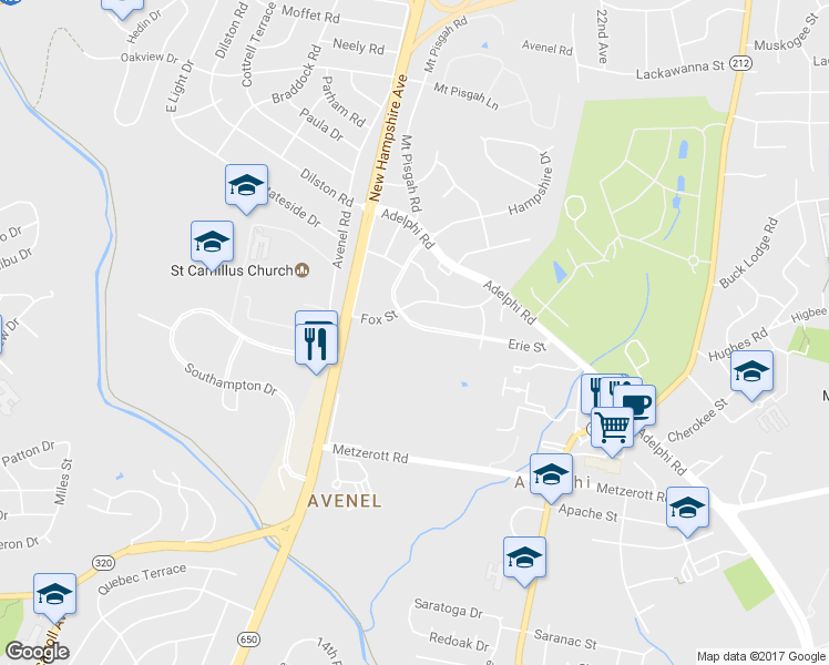 map of restaurants, bars, coffee shops, grocery stores, and more near 1805 Fox Street in Adelphi
