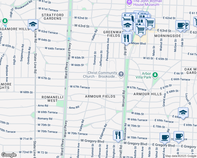 map of restaurants, bars, coffee shops, grocery stores, and more near 622 West 67th Street in Kansas City