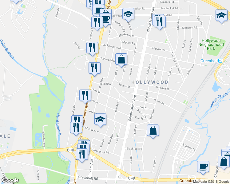 map of restaurants, bars, coffee shops, grocery stores, and more near 4825 Indian Lane in College Park