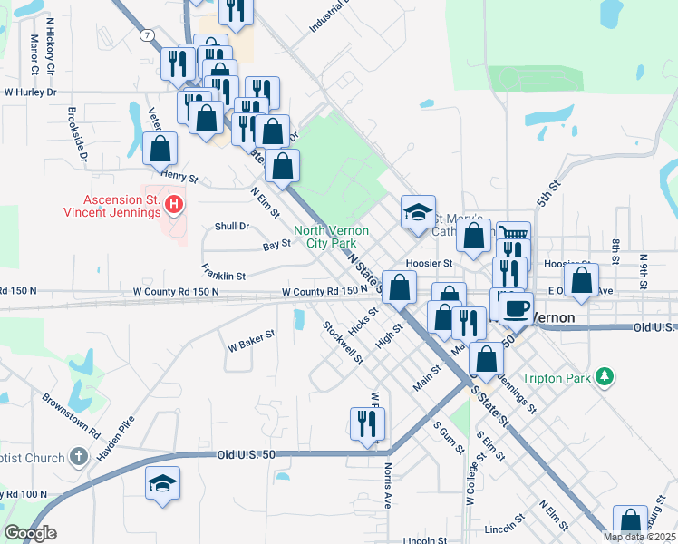 map of restaurants, bars, coffee shops, grocery stores, and more near 515 North Elm Street in North Vernon