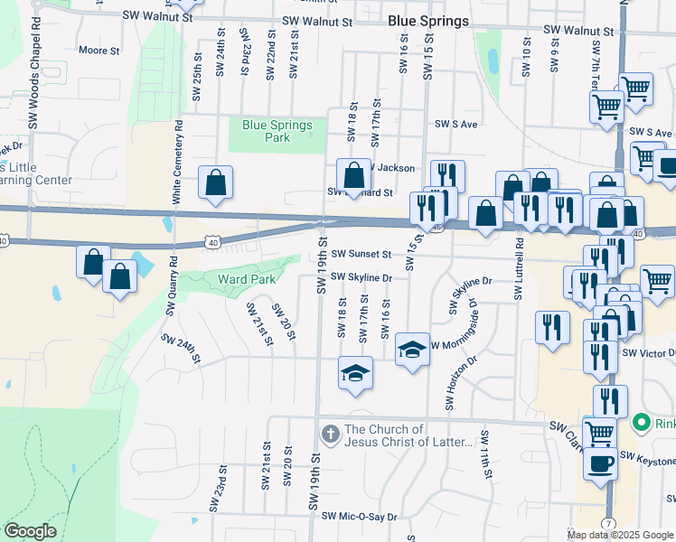 map of restaurants, bars, coffee shops, grocery stores, and more near 1715 Southwest Skyline Drive in Blue Springs