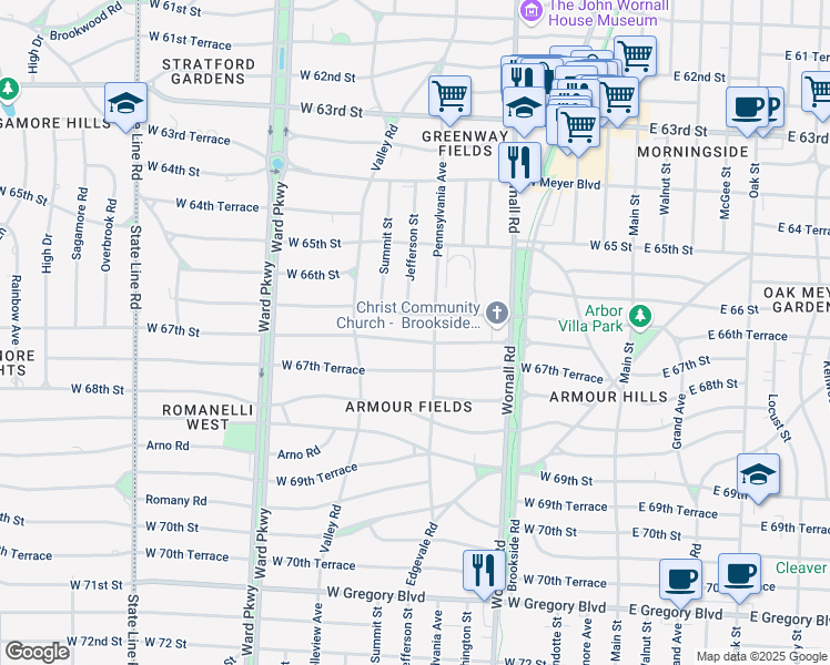 map of restaurants, bars, coffee shops, grocery stores, and more near 622 West 67th Street in Kansas City