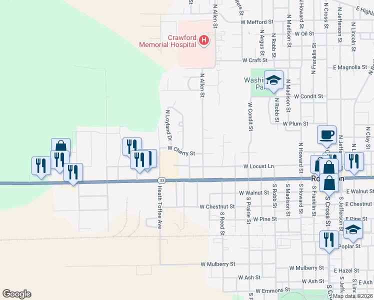 map of restaurants, bars, coffee shops, grocery stores, and more near 1100 West Cherry Street in Robinson