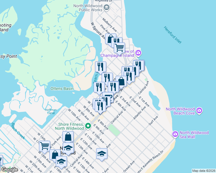map of restaurants, bars, coffee shops, grocery stores, and more near 125 West 3rd Avenue in North Wildwood