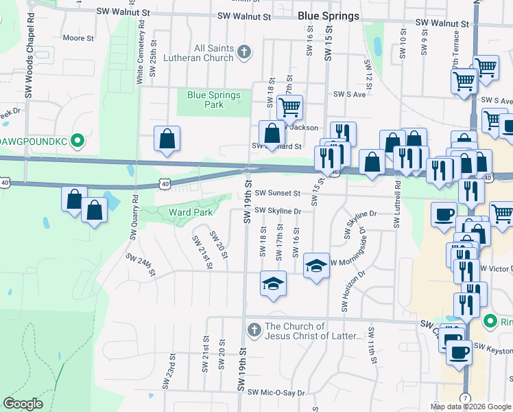 map of restaurants, bars, coffee shops, grocery stores, and more near 1715 Southwest Skyline Drive in Blue Springs