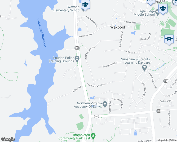 map of restaurants, bars, coffee shops, grocery stores, and more near 22069 Auction Barn Drive in Ashburn