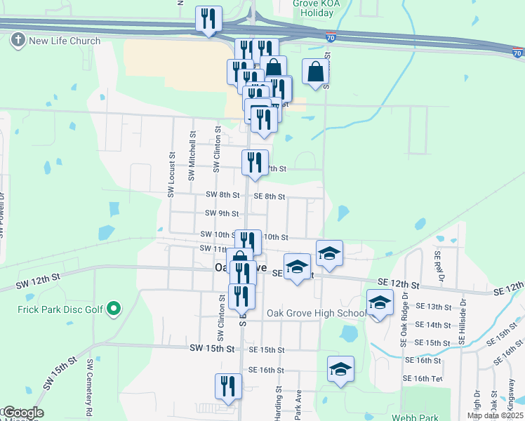 map of restaurants, bars, coffee shops, grocery stores, and more near 804 Southeast Austin Street in Oak Grove