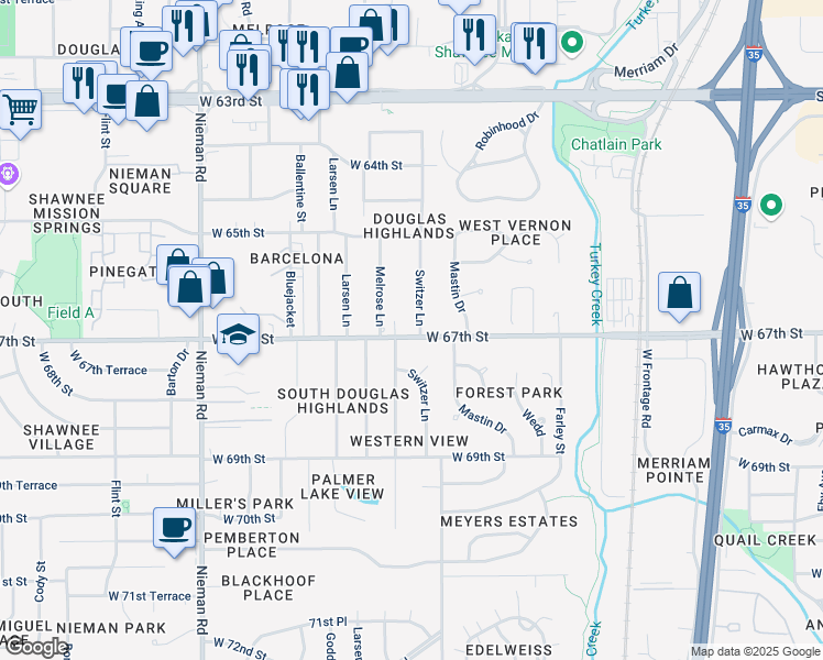 map of restaurants, bars, coffee shops, grocery stores, and more near 6700 Stearns Street in Shawnee