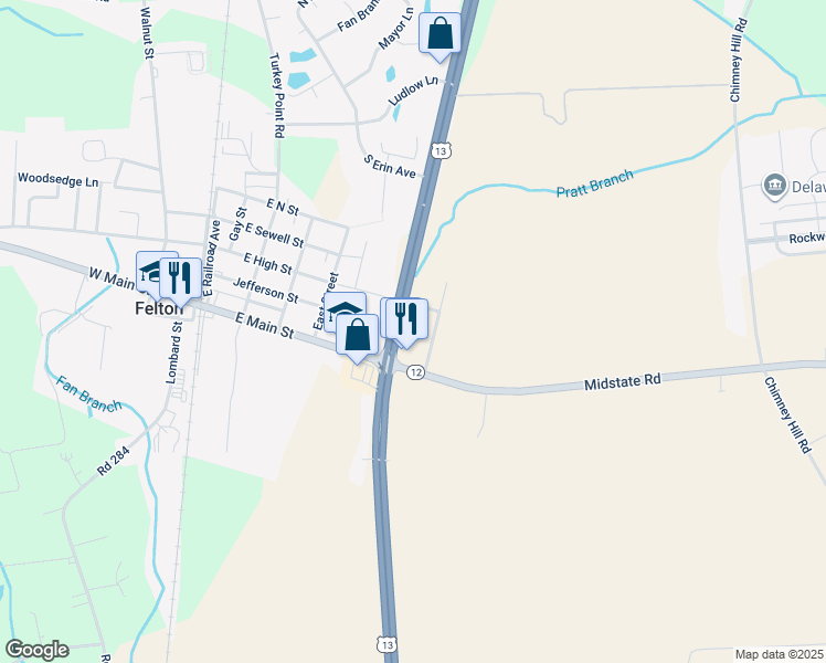 map of restaurants, bars, coffee shops, grocery stores, and more near 11351 South Dupont Highway in Felton