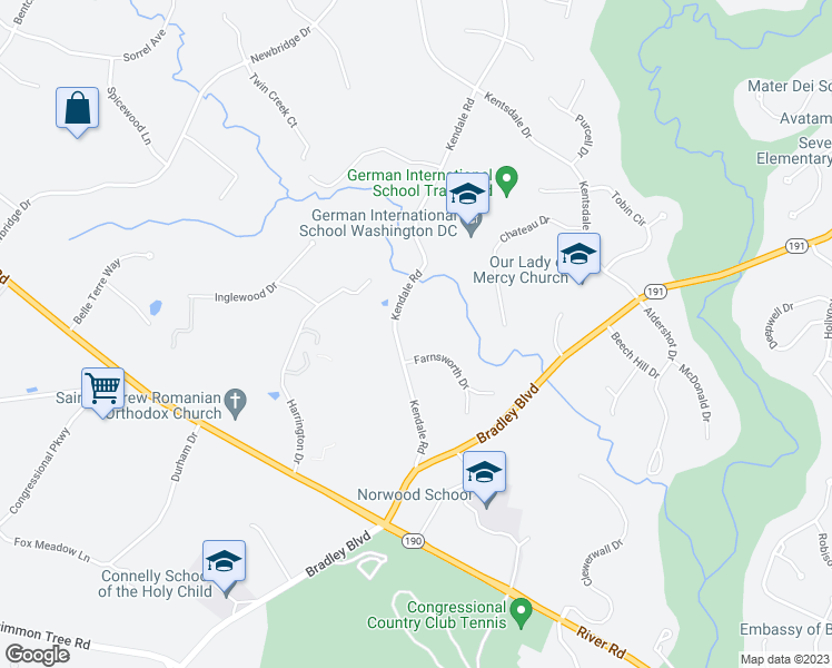 map of restaurants, bars, coffee shops, grocery stores, and more near 9305 Kendale Road in Potomac