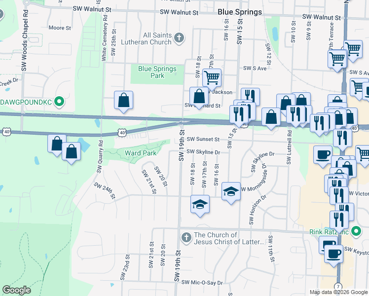 map of restaurants, bars, coffee shops, grocery stores, and more near 915 Southwest 19th Street in Blue Springs