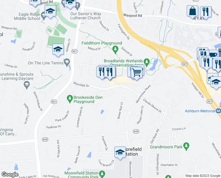 map of restaurants, bars, coffee shops, grocery stores, and more near 22025 Millwick Terrace in Ashburn