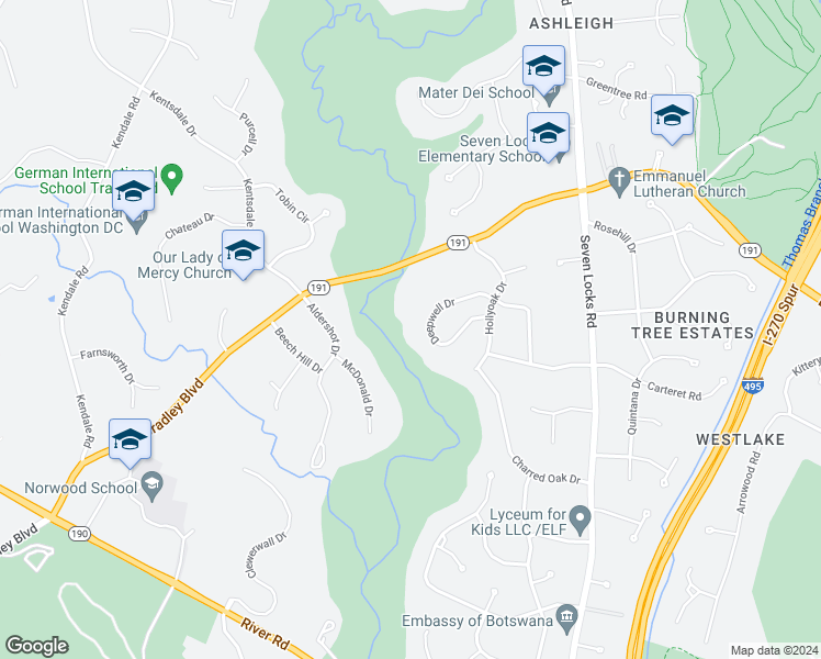 map of restaurants, bars, coffee shops, grocery stores, and more near 7927 Deepwell Drive in Bethesda