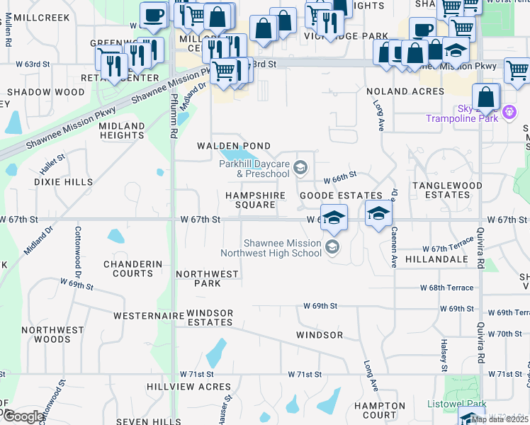 map of restaurants, bars, coffee shops, grocery stores, and more near 12914 West 67th Street in Shawnee