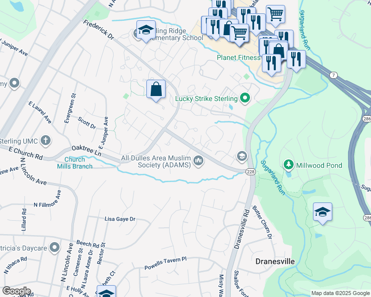 map of restaurants, bars, coffee shops, grocery stores, and more near 101 Norwood Place in Sterling