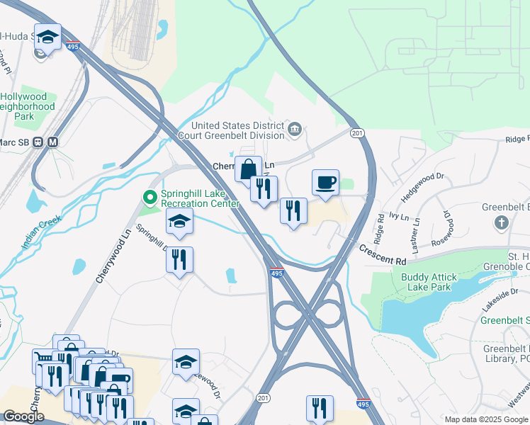 map of restaurants, bars, coffee shops, grocery stores, and more near 6305 Ivy Lane in Greenbelt