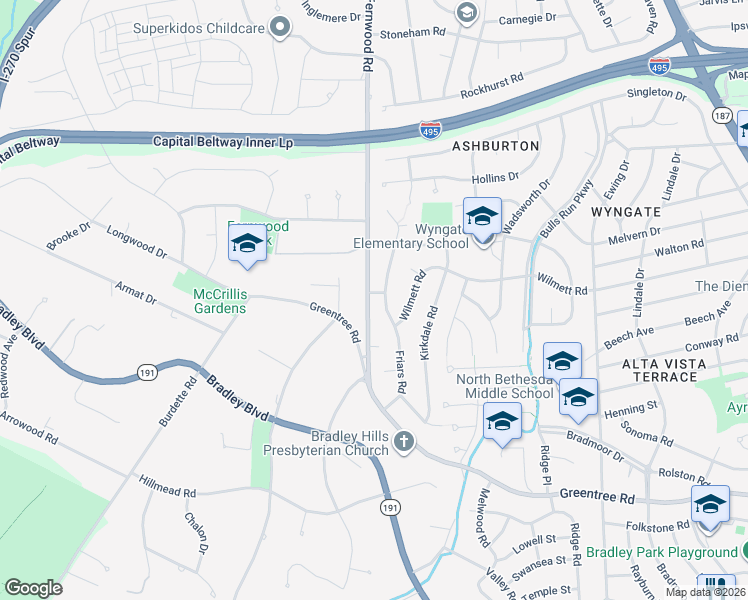 map of restaurants, bars, coffee shops, grocery stores, and more near 9221 Fernwood Road in Bethesda