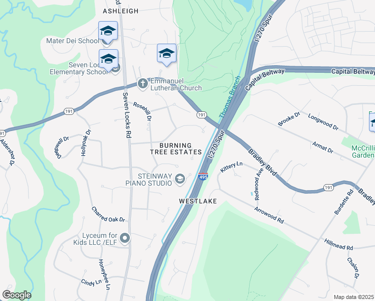 map of restaurants, bars, coffee shops, grocery stores, and more near 7510 Shadywood Road in Bethesda
