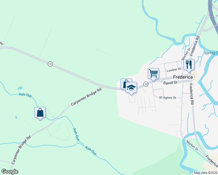 map of restaurants, bars, coffee shops, grocery stores, and more near 5168 Johnny Cake Landing Road in Frederica