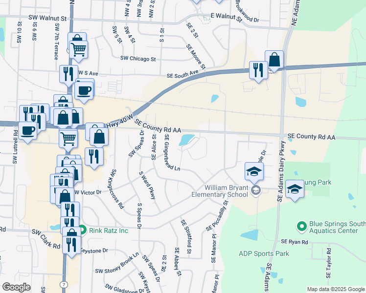 map of restaurants, bars, coffee shops, grocery stores, and more near 941 Southeast Gingerbread Court in Blue Springs