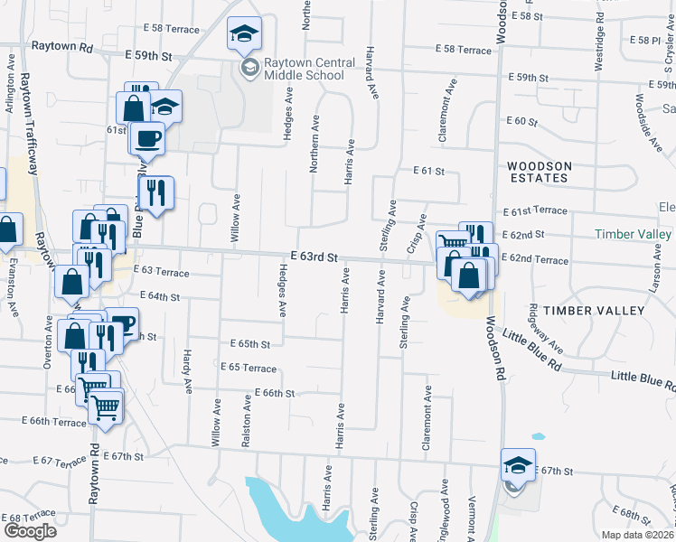 map of restaurants, bars, coffee shops, grocery stores, and more near 6304 Harris Avenue in Raytown
