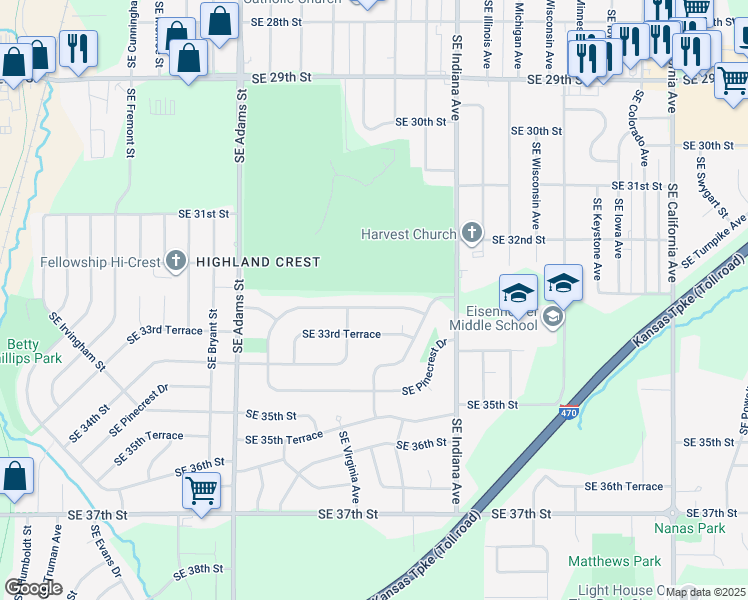 map of restaurants, bars, coffee shops, grocery stores, and more near 1103 Southeast 33rd Street in Topeka