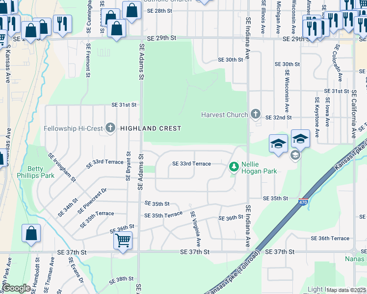 map of restaurants, bars, coffee shops, grocery stores, and more near 831 Southeast 33rd Street in Topeka