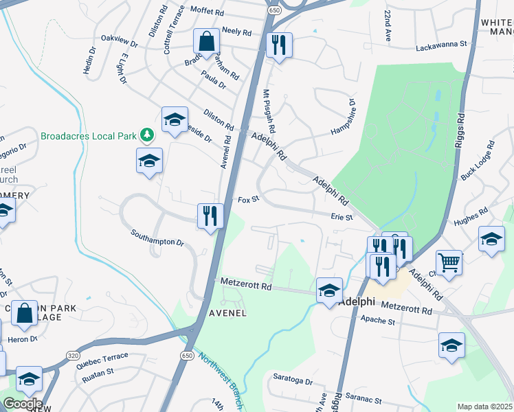 map of restaurants, bars, coffee shops, grocery stores, and more near 1809 Fox Street in Adelphi