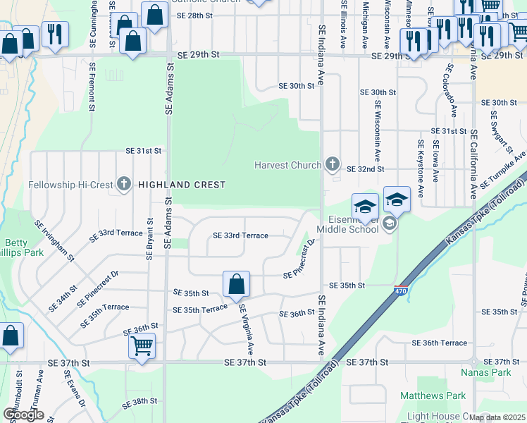 map of restaurants, bars, coffee shops, grocery stores, and more near 1103 Southeast 33rd Street in Topeka