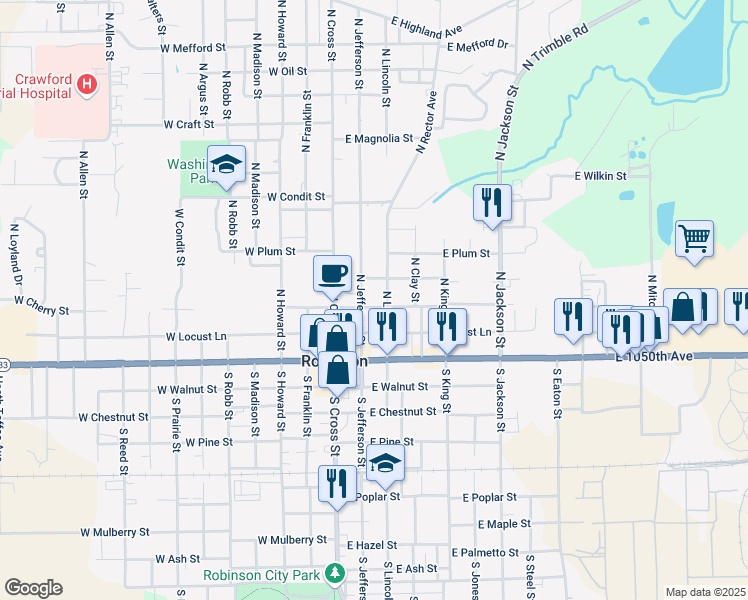 map of restaurants, bars, coffee shops, grocery stores, and more near 201-299 East Cherry Street in Robinson
